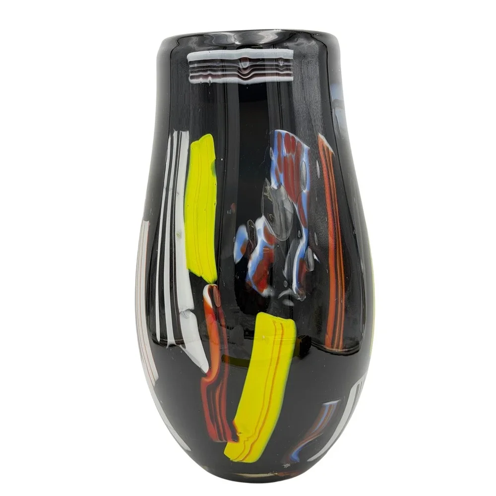 Vtg Art Glass Vase Colorful Black Stripe Abstract Postmodern Heavy LG Y2K 11.5in